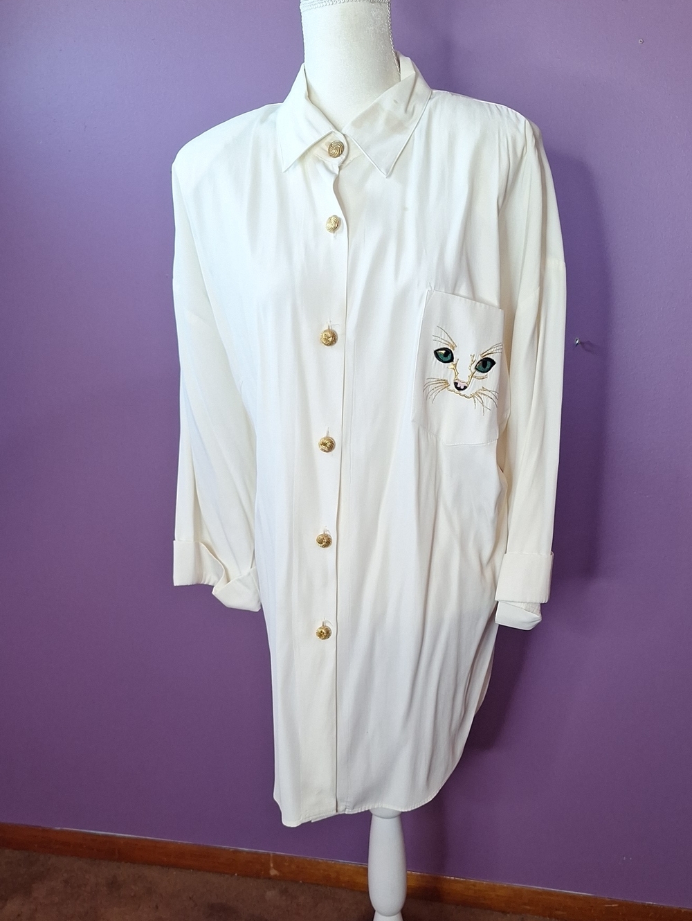 R&M Richards White Longline Shirt Jacket with Embroidered Cat
